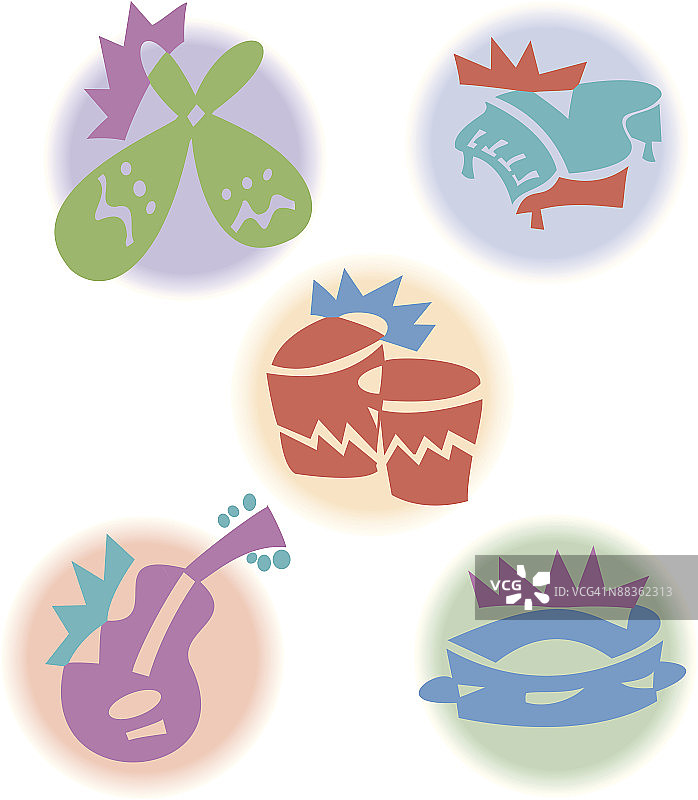 沙锤、钢琴、鼓、吉他和铃鼓彩色插画图片素材