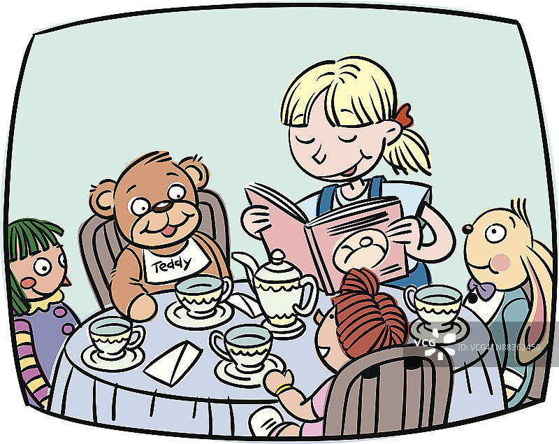 在茶话会上给她的娃娃和毛绒玩具讲故事的女孩图片素材