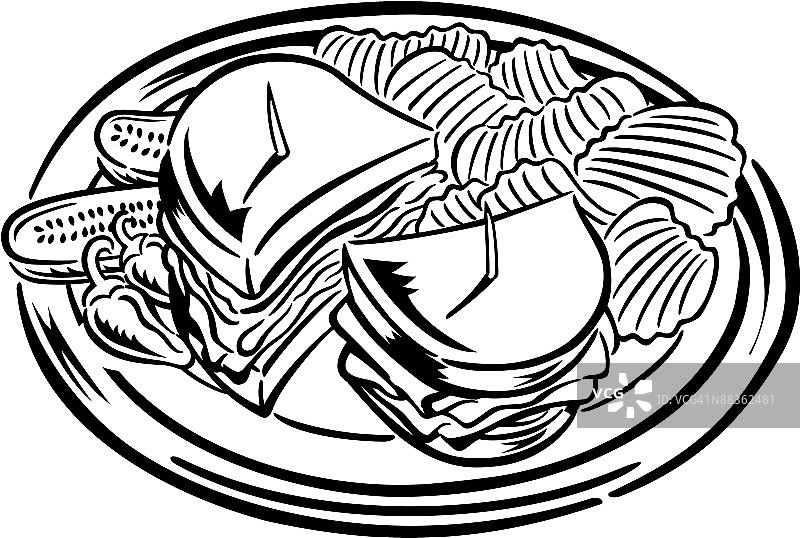 盘中冷切三明治与薯片组合元素图片素材