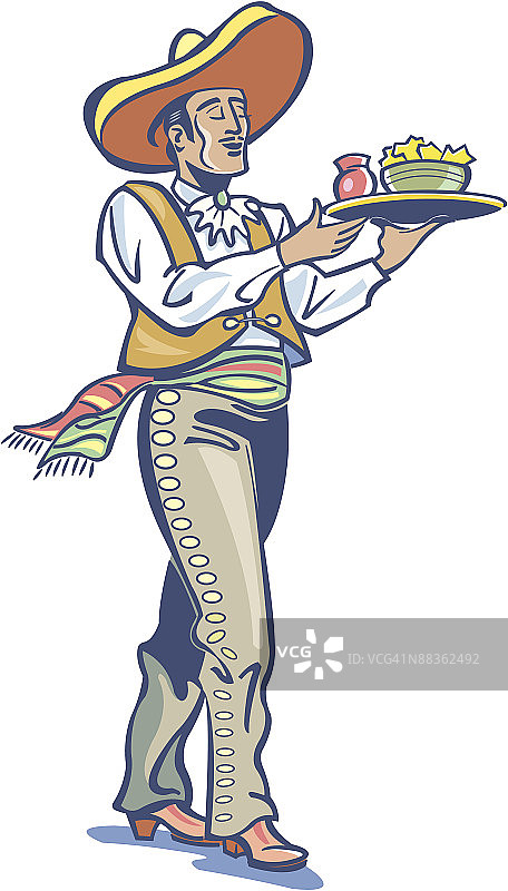 墨西哥服务员端着一盘薯条和萨尔萨酱图片素材