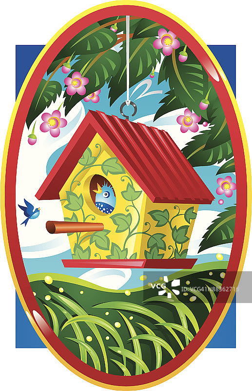 鸟舍中的小鸟，彩色，分组元素图片素材