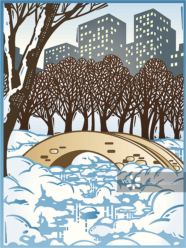 城市公园池塘上的彩色桥梁图片素材