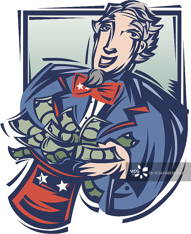 戴着装满钱的帽子的山姆大叔插画图片素材