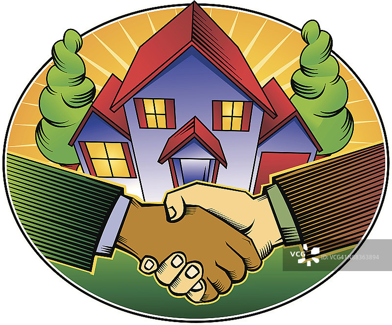 房屋前的彩色握手场景图片素材