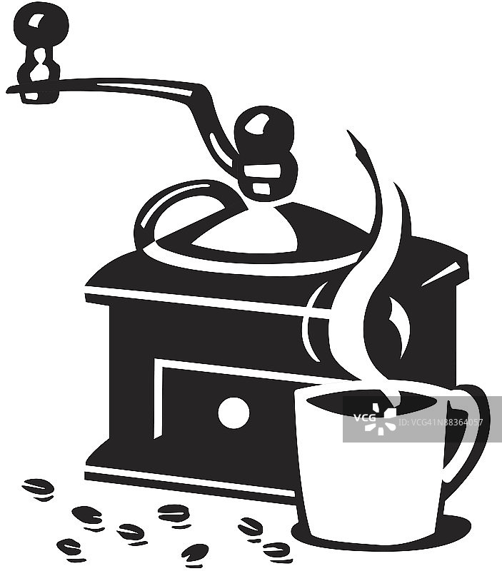 咖啡磨和咖啡杯（分层设计，另有彩色版，醒来闻咖啡香，一杯新鲜热咖啡）图片素材