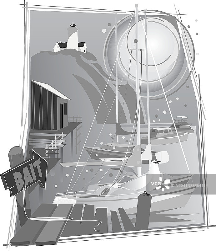 新英格兰码头，鱼饵，灰度，分组元素图片素材