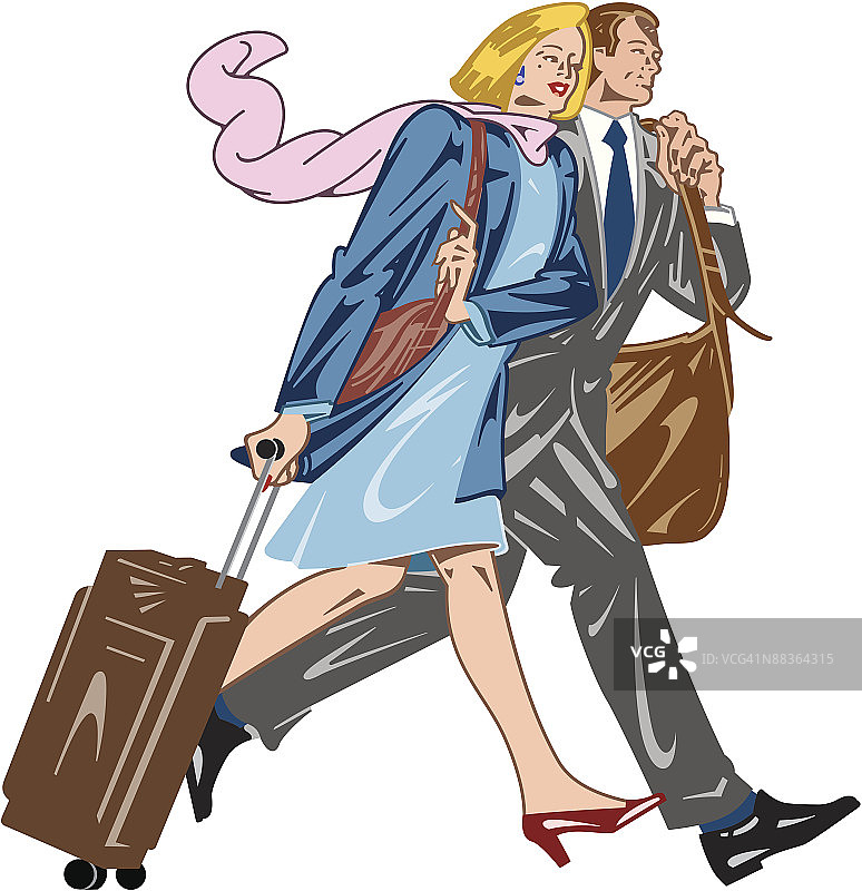 携带行李的男人和女人彩色插画，时尚旅行图片素材