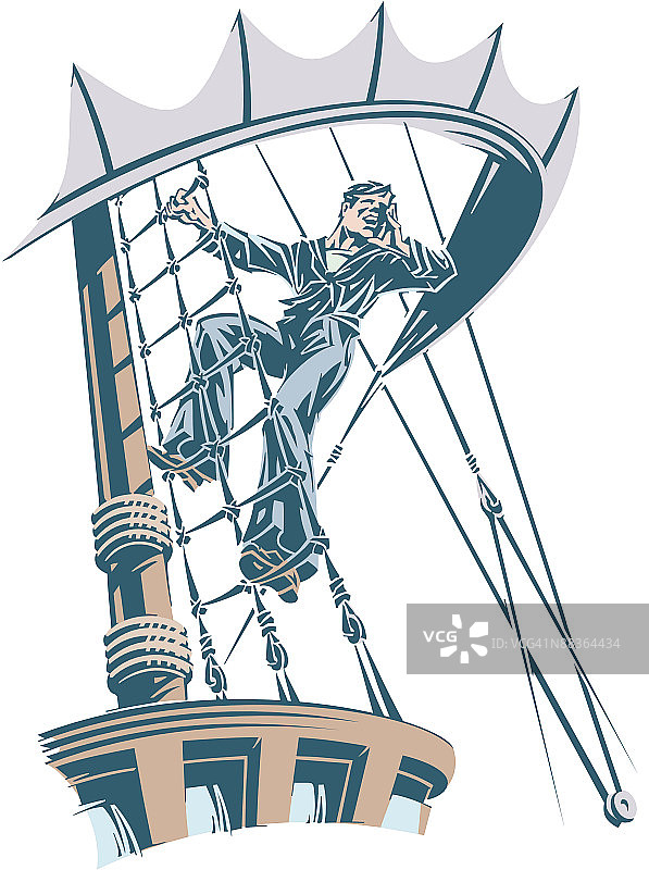 水手悬挂在船的索具上呼喊图片素材