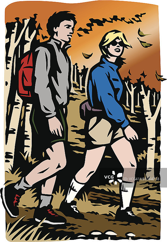 情侣徒步旅行，彩色插画，第五版，穿越自然，具有挑战性的徒步旅行图片素材