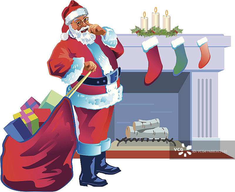 圣诞老人站在壁炉旁，彩色分组元素图片素材