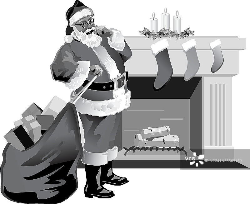 圣诞老人站在壁炉旁，灰度，分组元素图片素材