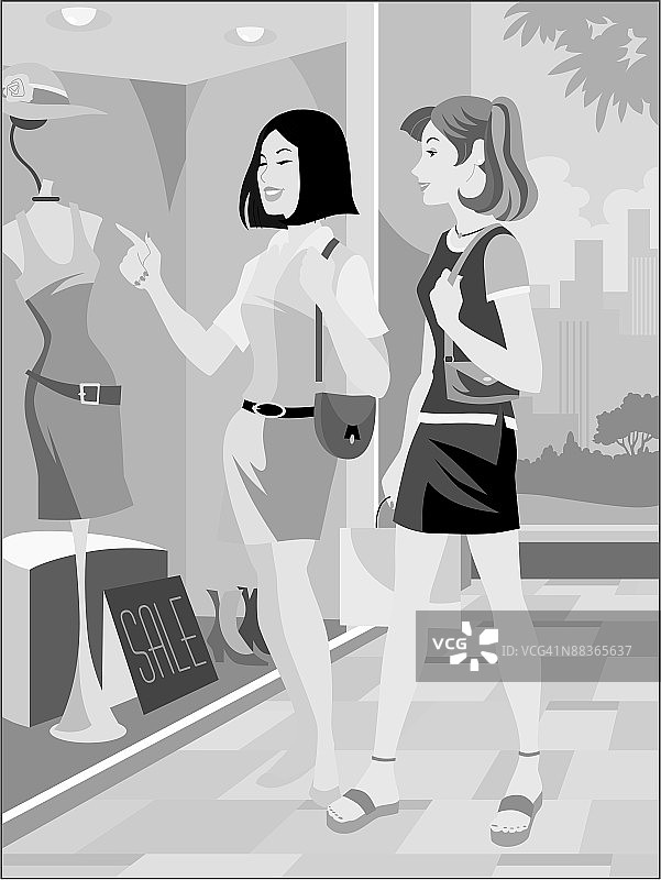 两位年轻女子橱窗购物图片素材