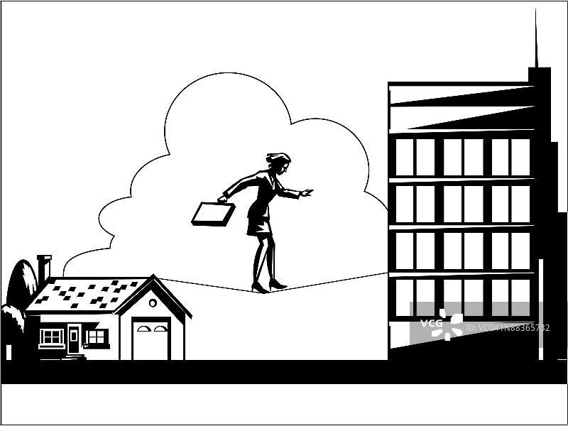 女商人走在连接住宅和办公楼的钢丝上图片素材