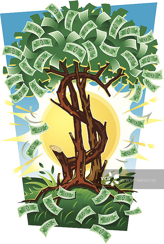 美元符号树，叶子为美元钞票图片素材