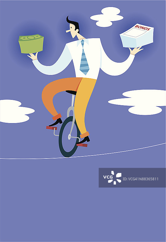 在单轮车上平衡现金和债券的商人图片素材