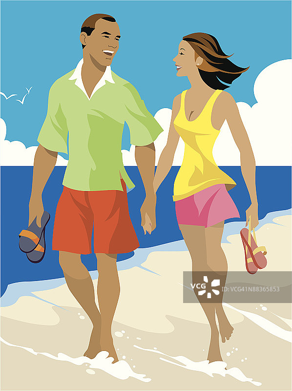 情侣在海浪中漫步图片素材