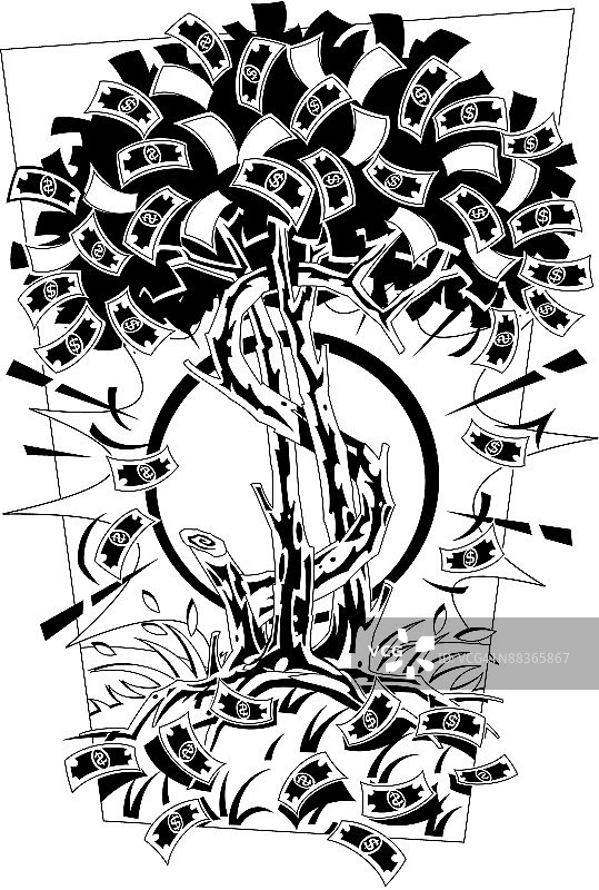 美元符号树，叶子为美元钞票图片素材