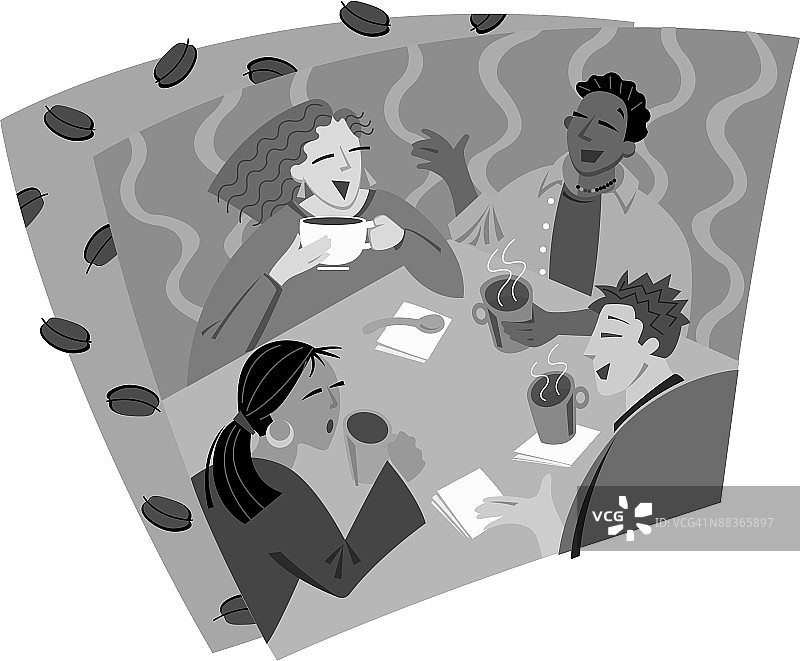 一群年轻人围坐在咖啡馆的桌子旁，灰度图图片素材