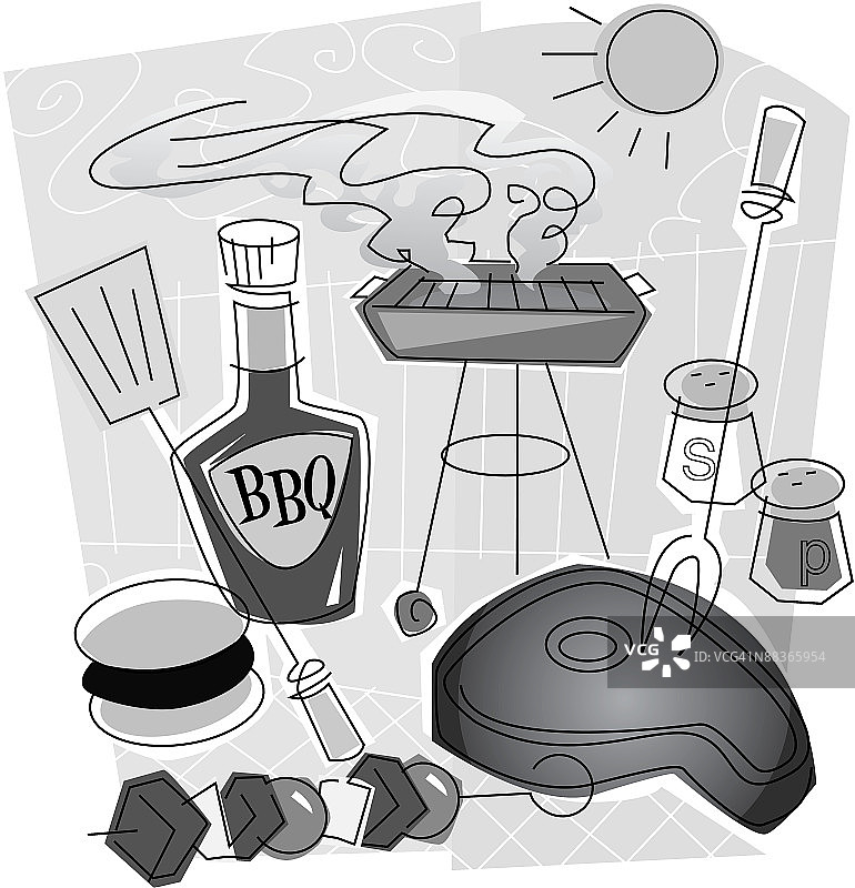 烧烤物品蒙太奇（灰度图）图片素材