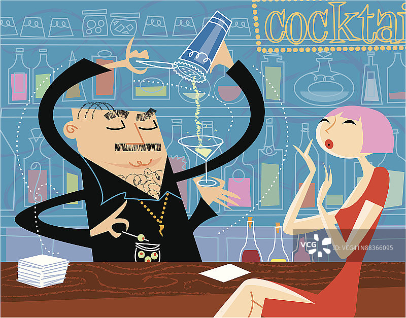 一位四臂调酒师为女性顾客调制饮品图片素材