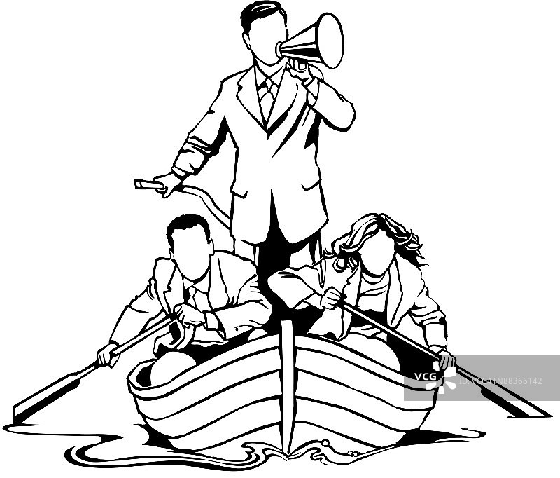 三位商人在船上，两人划船，一人呼喊图片素材