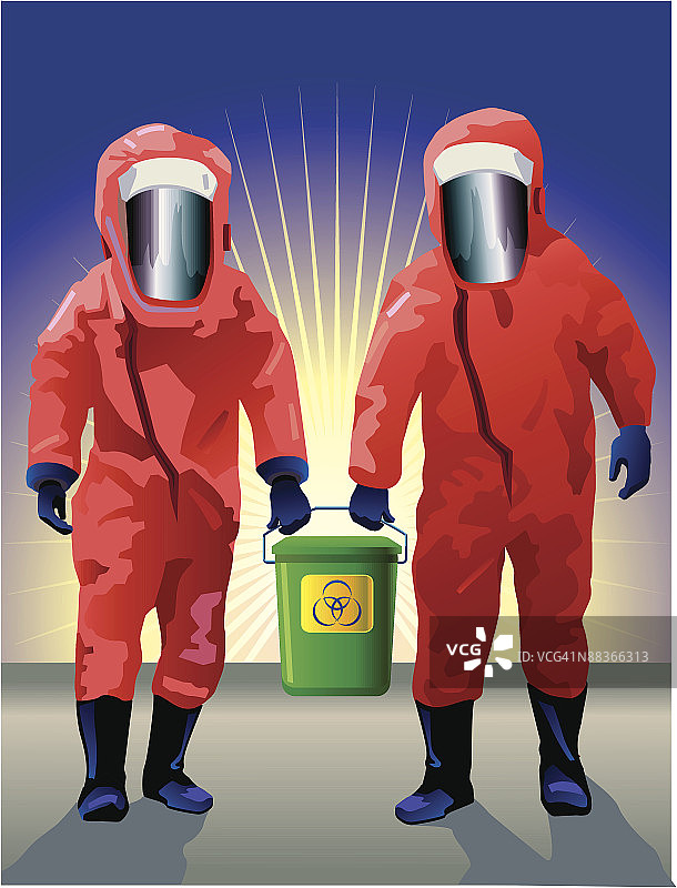 两人身穿防护服，手提一桶有毒化学品图片素材