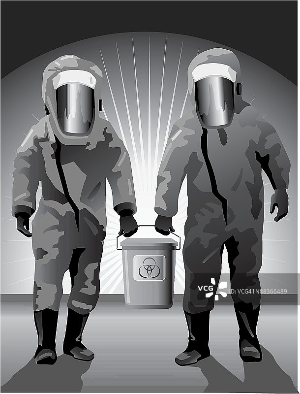 两人身穿防护服，手提一桶有毒化学品图片素材