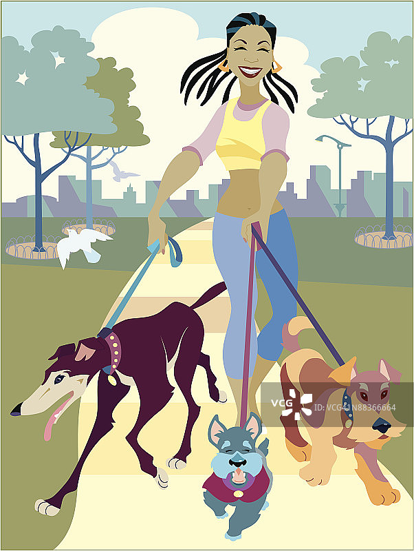 一位非裔美国妇女在公园里遛三只狗图片素材
