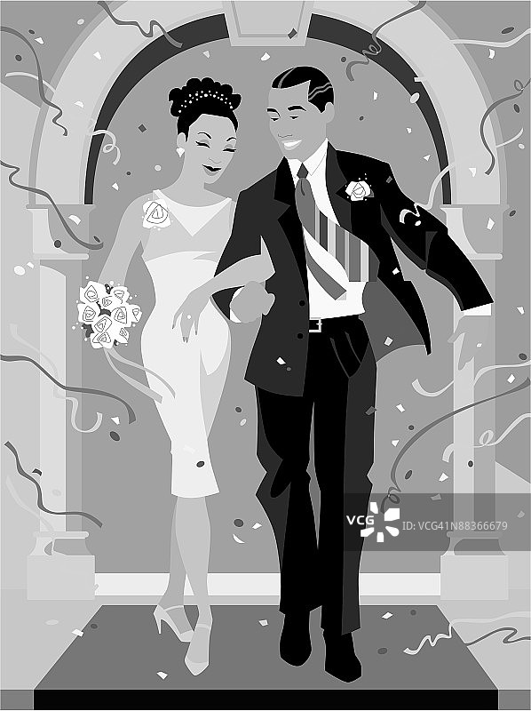 新婚的非裔美国人夫妇走出教堂，彩带和纸屑在空中飞舞图片素材