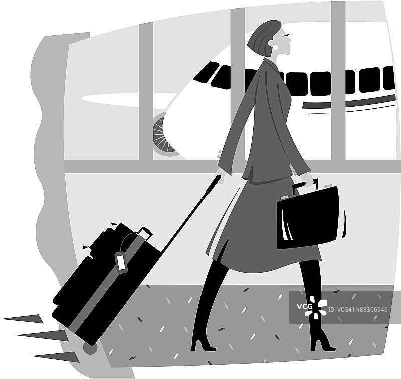 拉着行李箱走过机场的女人，灰度图图片素材