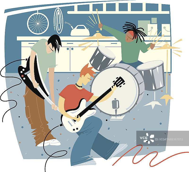 三人乐队在车库排练，彩色照片图片素材