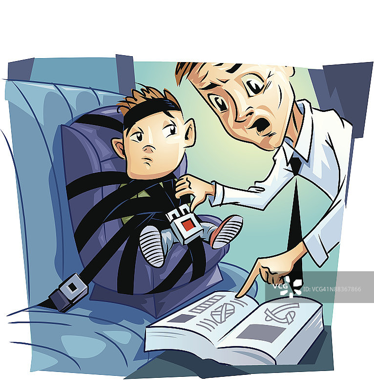 父亲将儿子绑在汽车安全座椅上图片素材