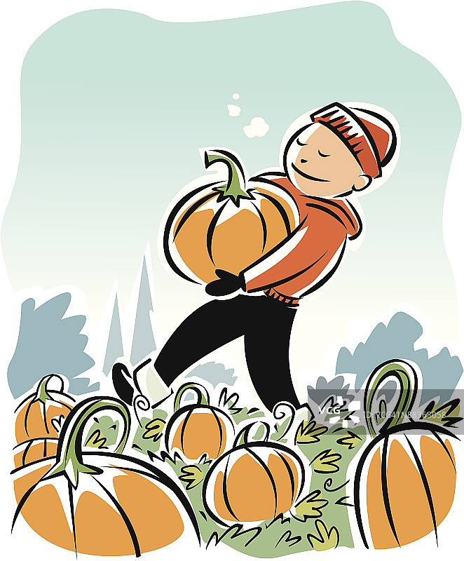 男孩从田里抱着秋季南瓜图片素材