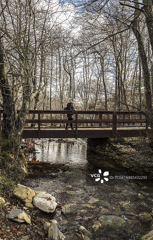 金发女人走在山里的天桥上图片素材