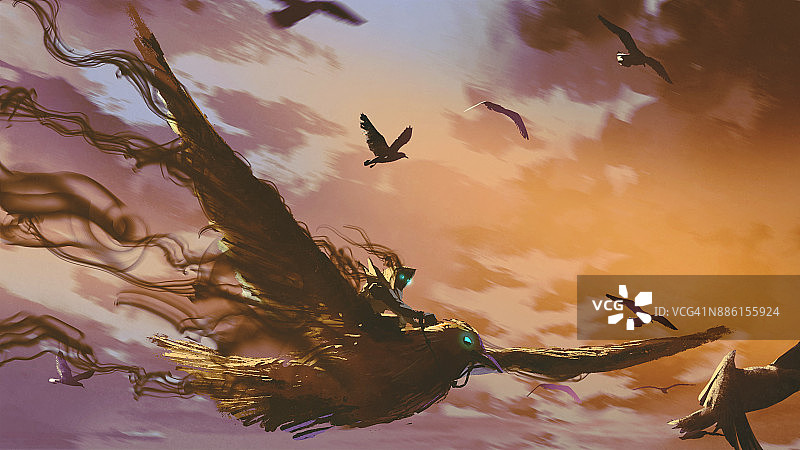 在天空飞翔的巨鸟上的男人图片素材