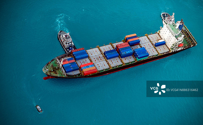国际运输和商业物流概念：无人机拍摄的港口集装箱船图片素材