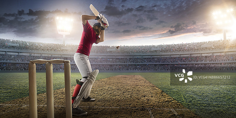 专业竞技场上的板球女击球手图片素材
