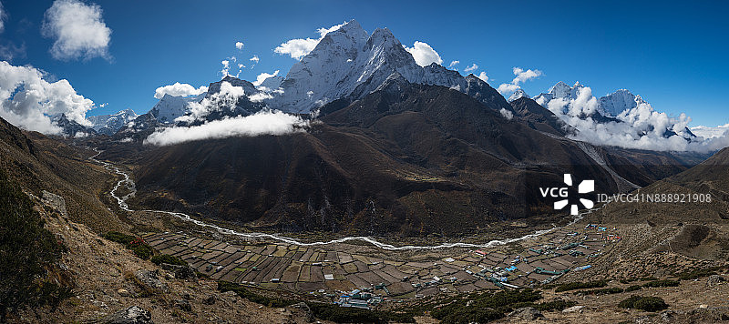 从丁波切村 viewpoint 观看喜马拉雅山脉全景，珠穆朗玛峰地区，尼泊尔图片素材