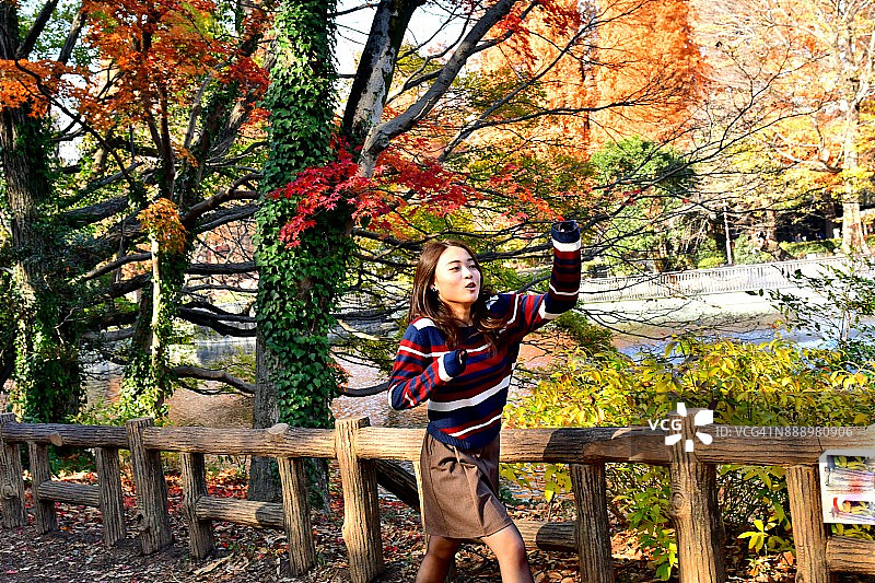 在井之头公园欣赏秋色的年轻日本女人图片素材