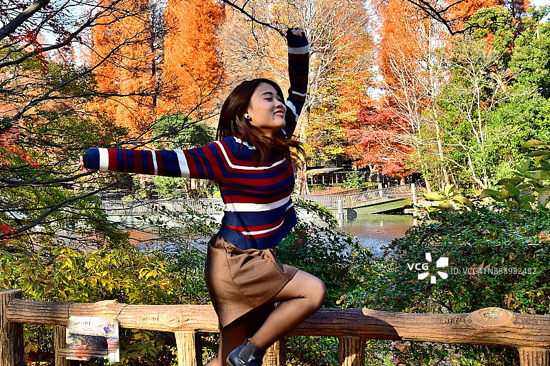 在井之头公园欣赏秋色的年轻日本女人图片素材