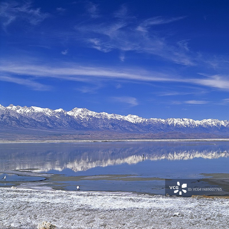 内华达山脉在加利福尼亚州欧文斯湖的倒影图片素材