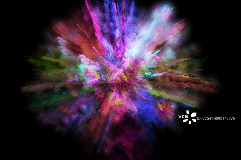 彩色粉末爆炸：生动的色彩与黑色背景图片素材