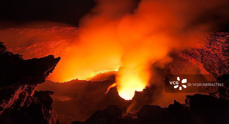 埃塞俄比亚阿法尔地区埃尔塔阿雷火山坑内的熔岩和烟雾图片素材