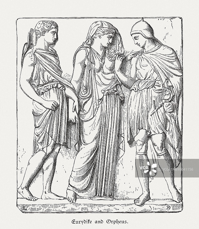 奥尔甫斯、欧律狄刻与赫尔墨斯，古希腊浮雕，卢浮宫，1879年出版图片素材