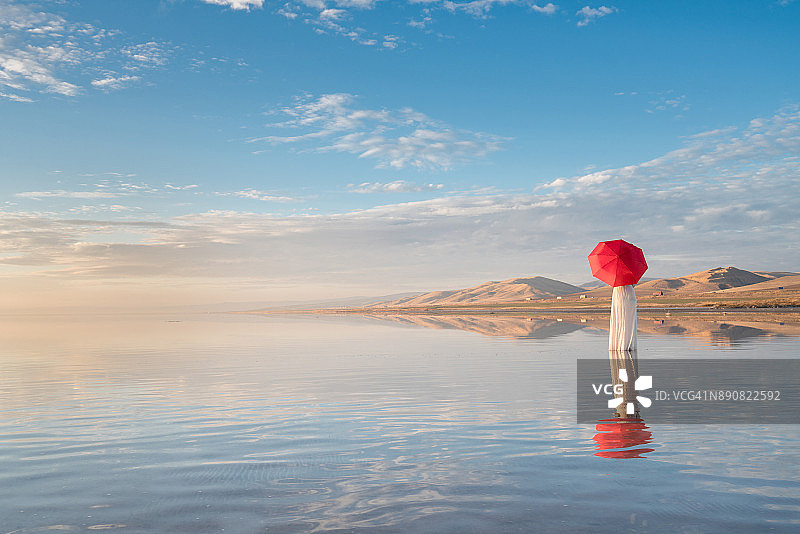 美丽年轻女人撑伞美妙天空背景图片素材