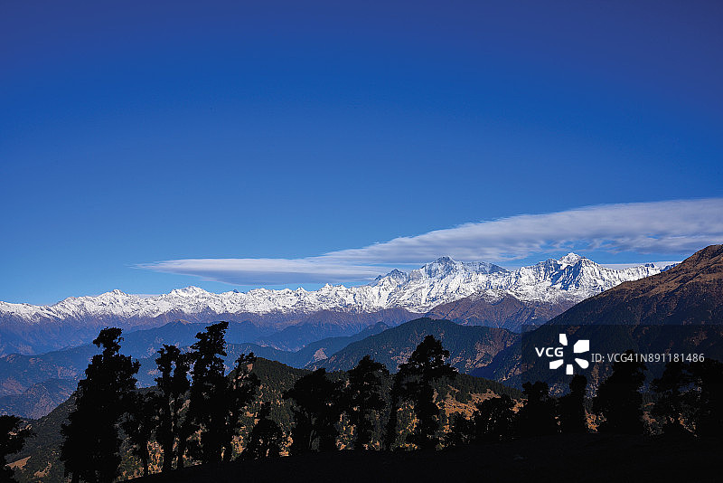 乔普塔-通纳斯-钱德拉希拉徒步路线喜马拉雅山峰全景,如凯达尔纳特、梅鲁、苏梅鲁、象头神山、乔坎巴峰、班达尔蓬奇峰、尼尔坎塔峰、提尔苏里峰、楠达德维峰图片素材