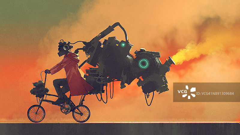 未来自行车上的机器人男人图片素材