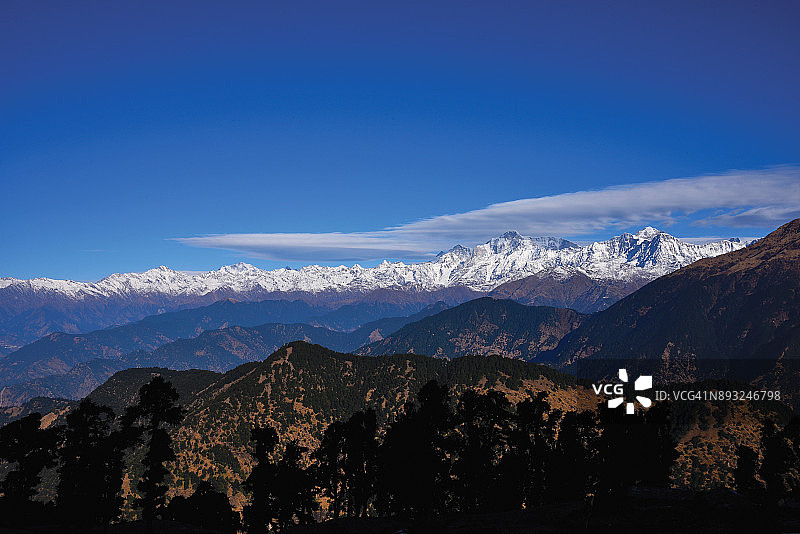 乔普塔-通纳斯-钱德拉希拉徒步路线喜马拉雅山峰全景，如凯达尔纳特、梅鲁、苏梅鲁、象头神山、乔坎巴峰、班达尔蓬奇峰、尼尔坎塔峰、提尔苏里峰、楠达德维峰图片素材