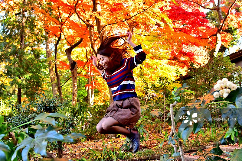 在东京色彩鲜艳的枫树下摆姿势的年轻日本女性图片素材
