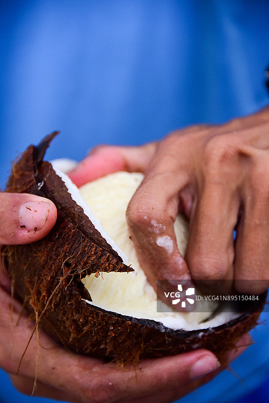 从椰子中提取新鲜的椰子肉图片素材